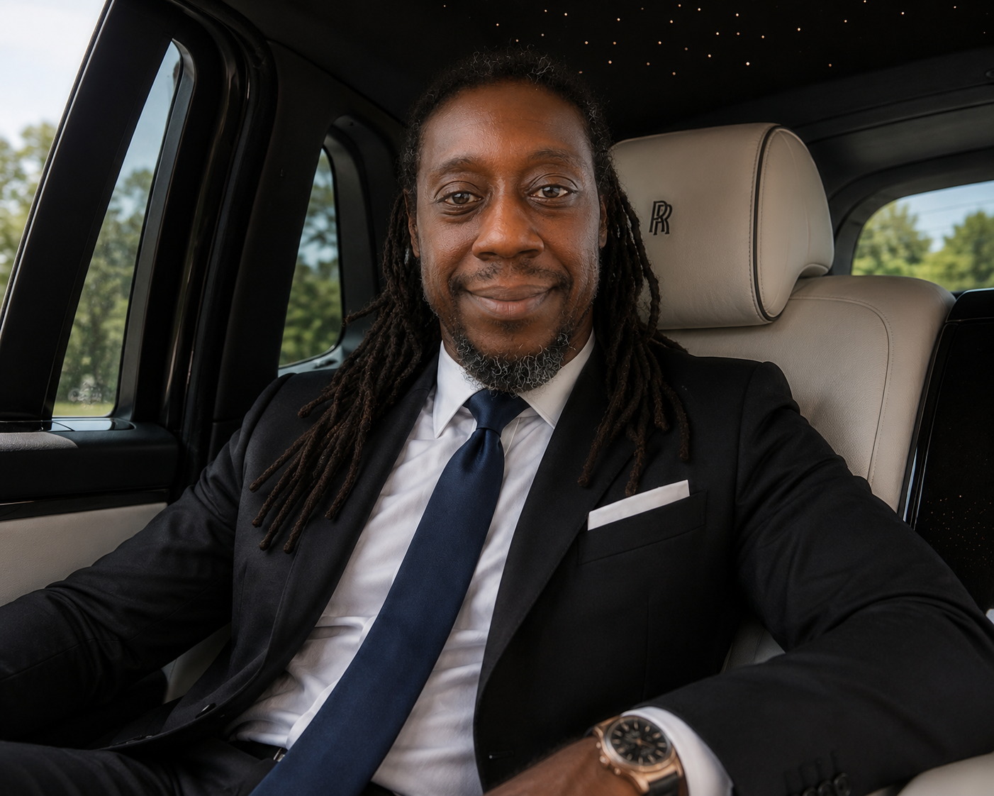 Alex Coleman seated in the rear of a luxury vehicle